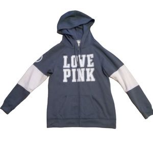 VICTORIA'S SECRET PINK Grey and WHITE LOGO ZIP UP HOODIE SWEATSHIRT